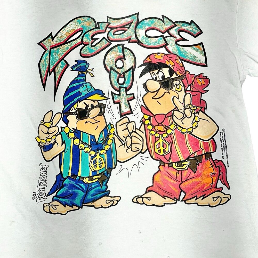 Vintage 90s Flintstones Shirt Fred Barney Peace Out Hip Hop Rap Changes Size L - Picture 2 of 11